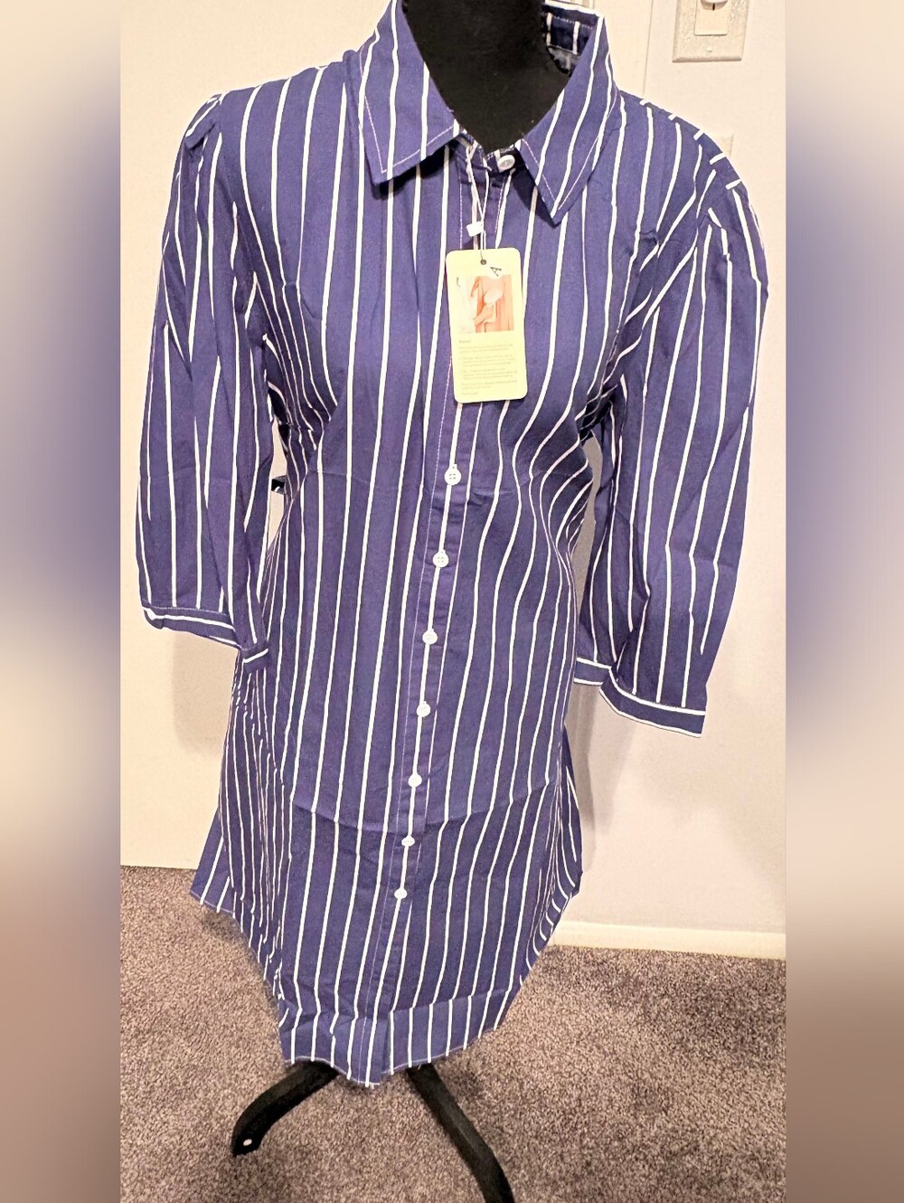 Ebossy Navy and White Striped Button-Up Dress With Cloth Belt